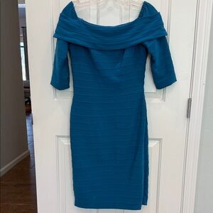 Adrianna Papell Teal One-Shoulder Bandage Midi Dress